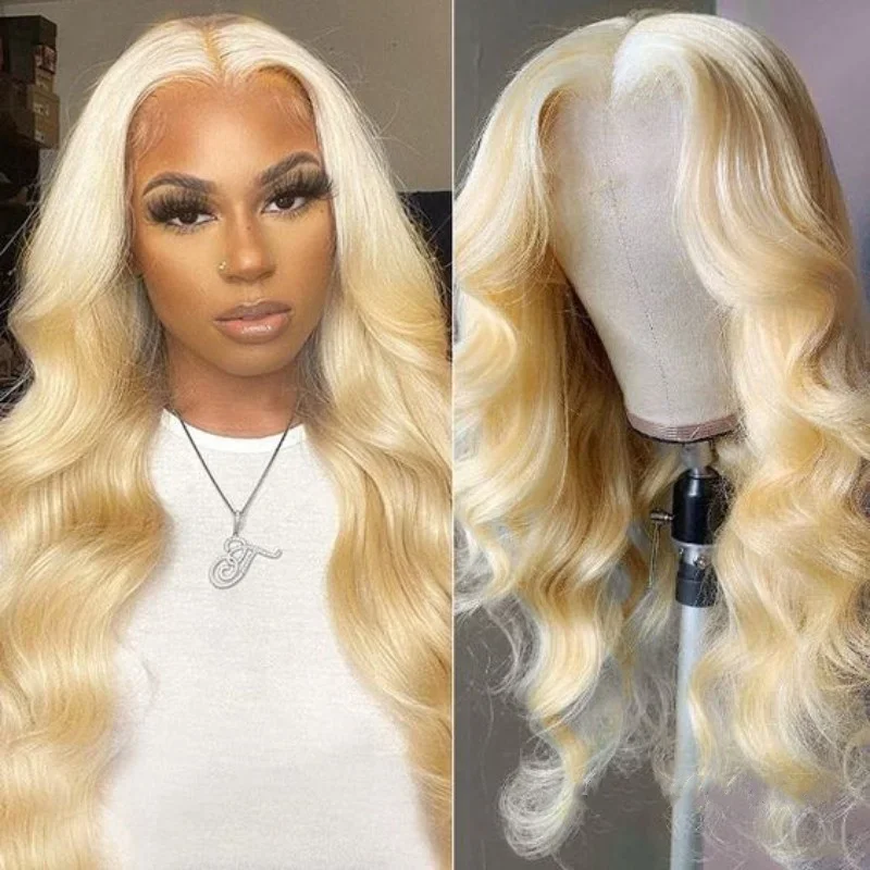 613 Loira Onda Corporal Peruca de Cabelo Humano Pré-cortado Fechamento de Renda Frontal Sem Cola 150% Densidade_voghion.com