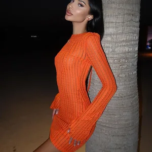 Oem 2024 Women Custom Summer Long Sleeve Fitted Knitted Dress Classic Soft Backless Orange Mini Dress