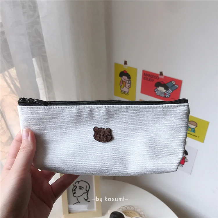 High Quality Durable Simple Embroidered Canvas Pencil Bag Zipper Pouch