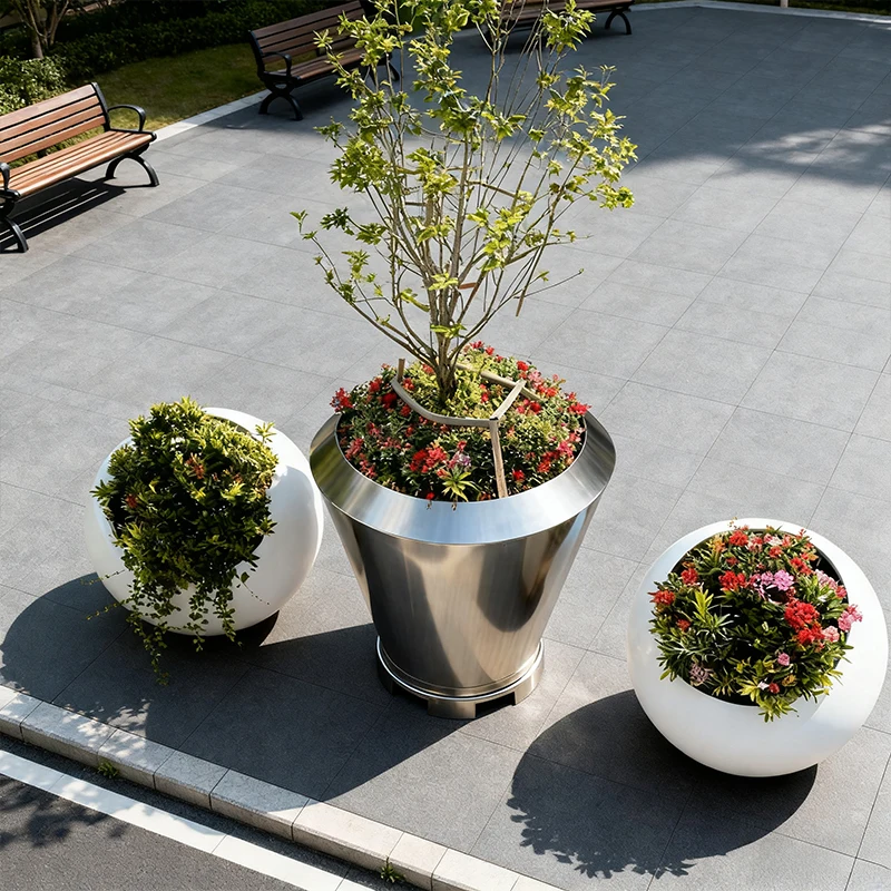 Stainless steel flower boxes in the park