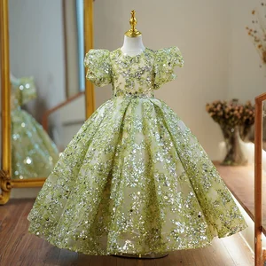 Lovely Girl Green Luxury Sequin Poly Party Dress Girl Stage Piano Bridal Princess Dress with Flying Sleeves