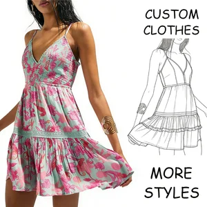 Custom Summer New Floral Halter Neck A-Line Mini Dresses Women Casual Natural Waist Pleated Decoration for Eco-Friendly Vacation