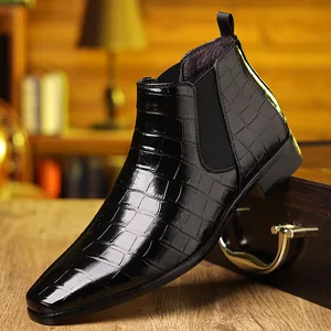Men's Classic Crocodile Men's Shoes Casual Pattern Boots Luxury Retro Style Waterproof Leather  Pointed Toe Boots