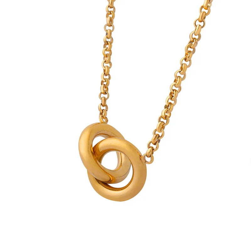 Stainless Steel Interlocking Double Ring Pendant Necklace
