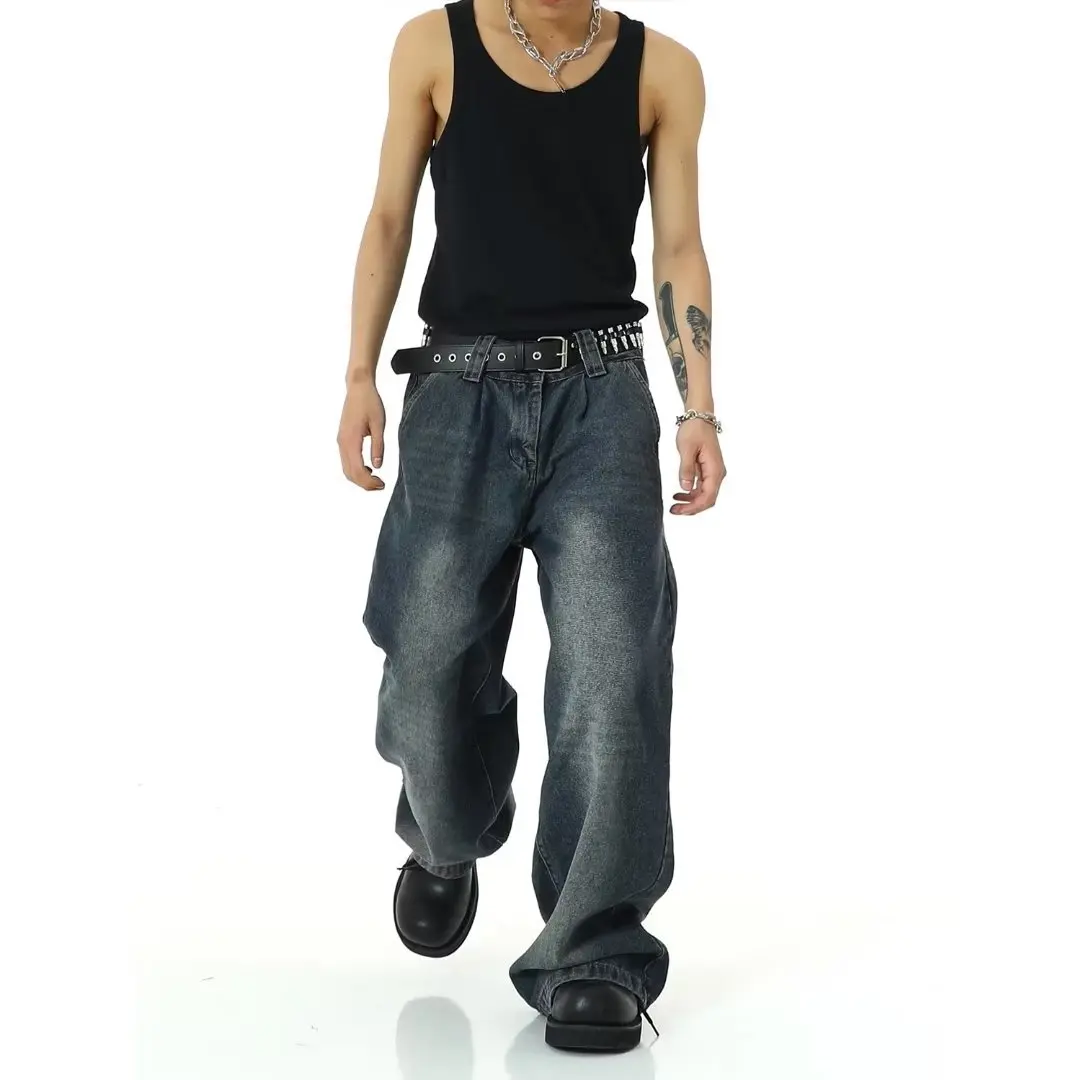 Herren Loose Fashion Baggy Stack Jean Washed Jeans mit weiter Länge Vintage Stonewashed Denim Hose mit weitem Bein_voghion.com
