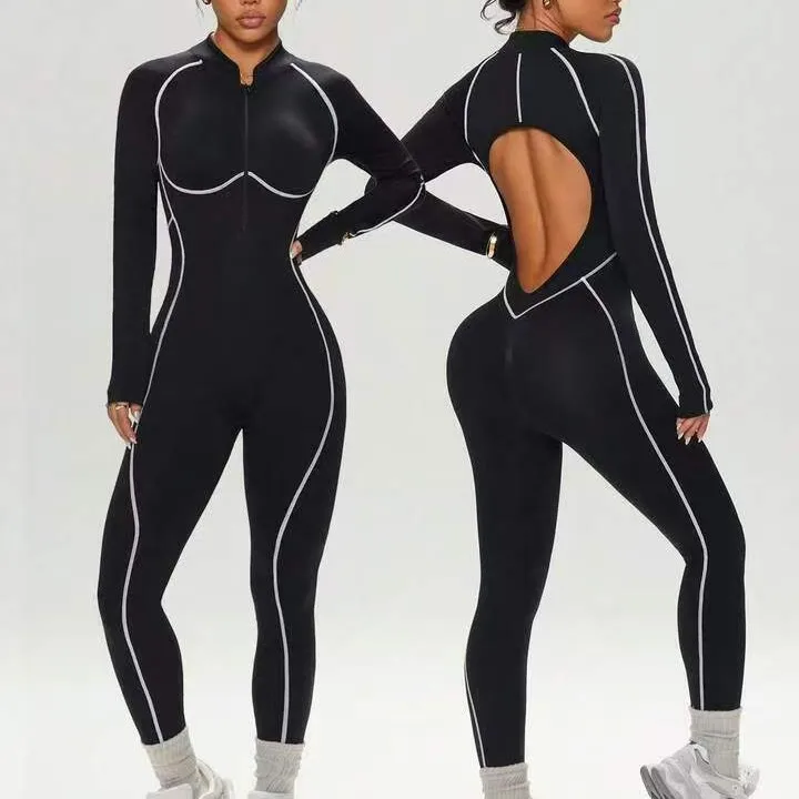 Seamless Contrast Color Stitching Hollow Spaghetti Strap Full Length Jumpsuit Yoga Suit 