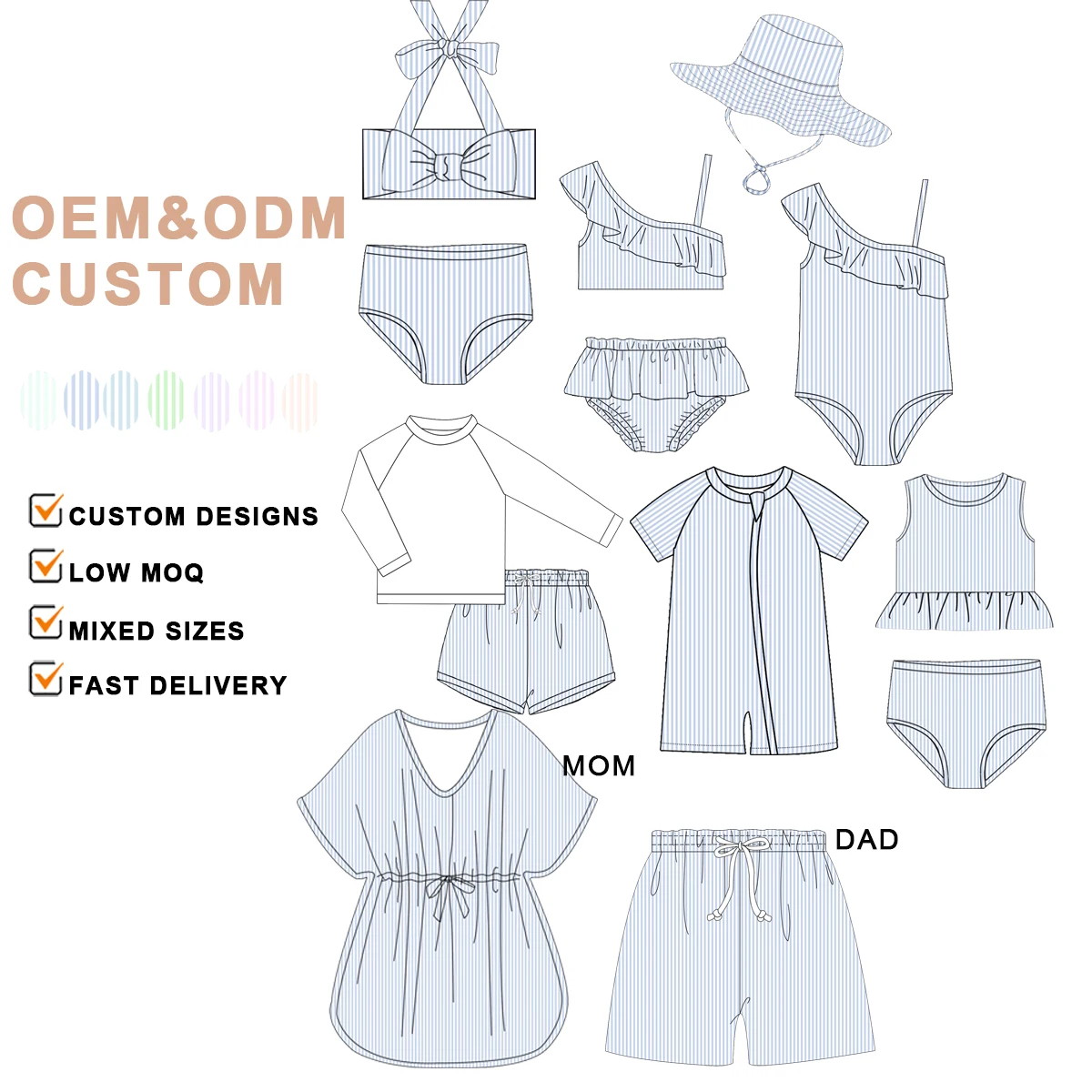 Best Supplier Summer Vacation Swimming Suit Family Matching Beachwear Light Blue Striped Kids Girls Swimsuit