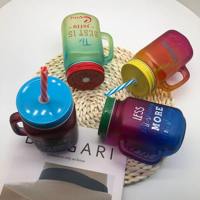 Новый дизайн, креативная стеклянная чашка с градиентом, каменная банка, ручка для питья, крышка и Соломка для сока, кофе, пива, стакан 500 мл