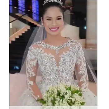 Luxury Lace Women Wedding Dress Elegant Beaded Ball Gown Long Sleeve See Through Long Train wedding dress