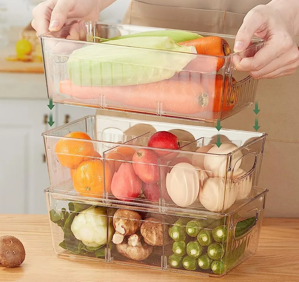 Clear Stackable Food Organizer Bins with Handles Removable Dividers for Pantry Organization and Storage