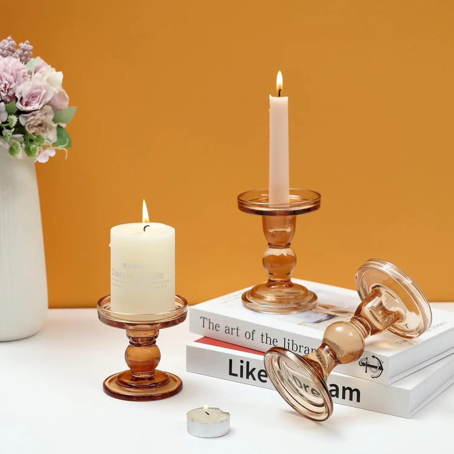 GMWD 3-Piece Modern Glass Candle Holder Set Amber Color Wedding Tabletop Decorations-Pillar Taper Tealight Stand 10x8x4 Inches - Image 3