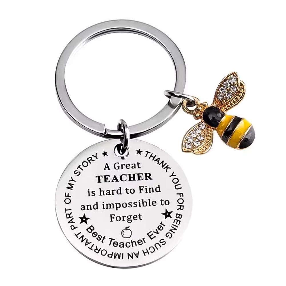 Custom Logo Bee Happy Keychain Teacher's Day Teacher Appreciation Christmas Gifts Stainless Steel Alloy Heart Shape Key Rings