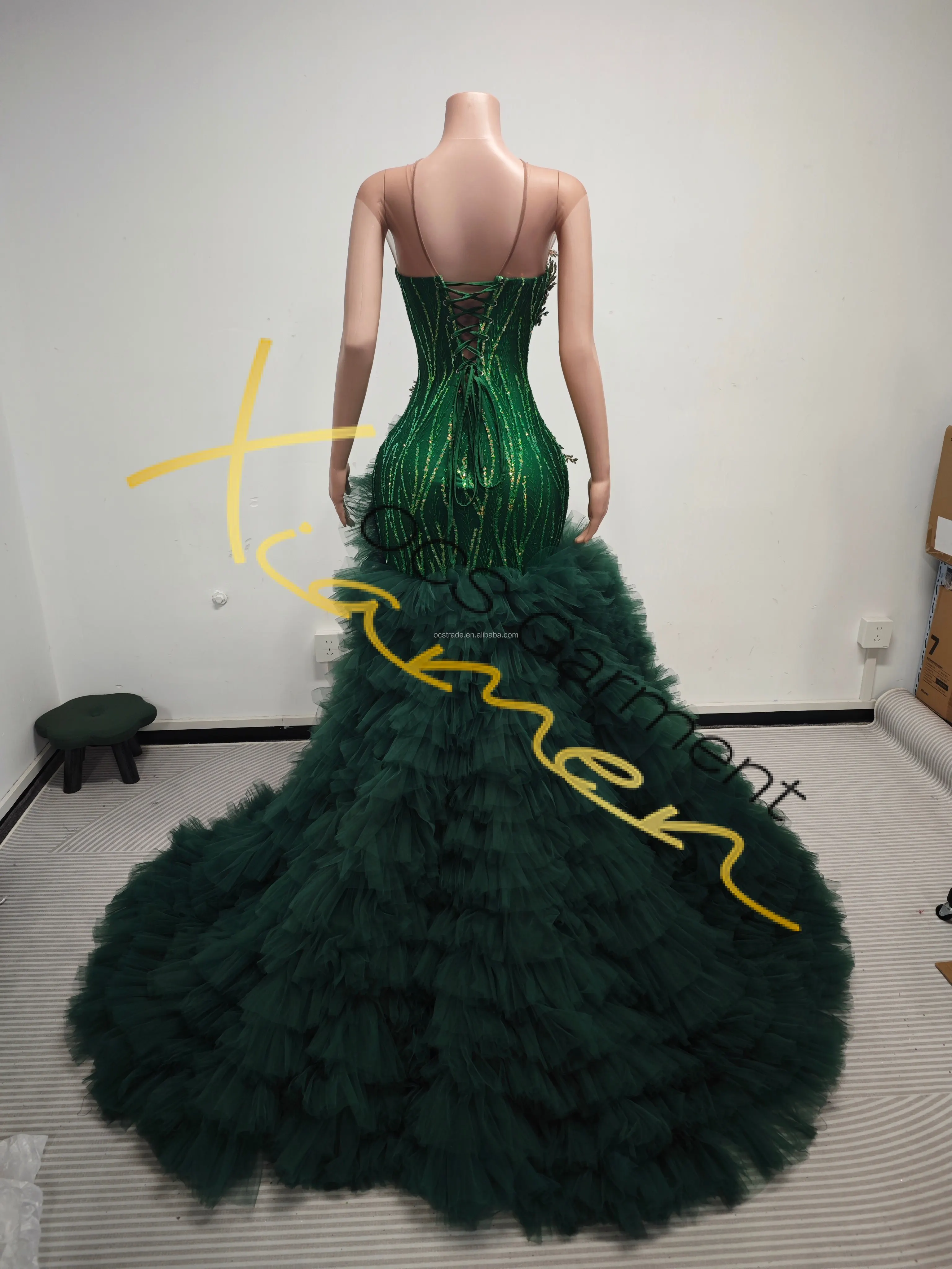 Ocstrade Professional Factory Luxury Green 3D Rhinestone Multi-Layered  Tulle Long Prom Evening Dress Elegant Ball Gown Banquet