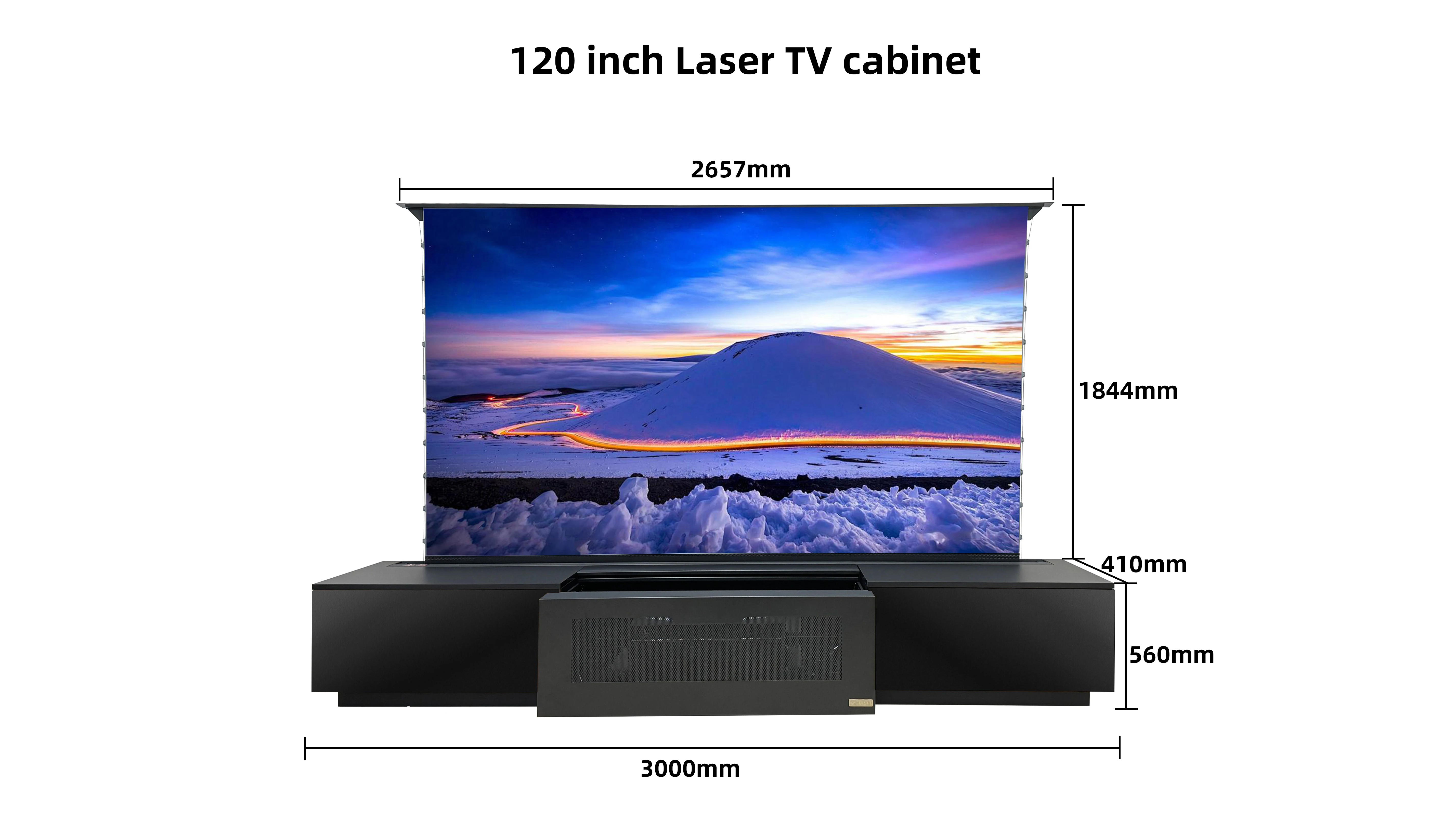 120インチレーザーTVキャビネット + 120インチ電動フロア昇降式ペット