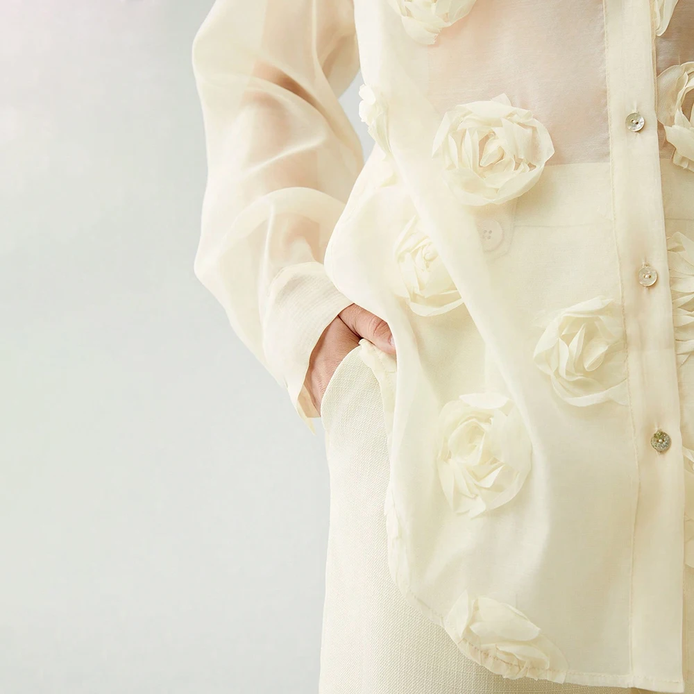 Chiffon Rose Design Cardigan Button Shirt Fashion Girl Long Sleeve Modest Blouse Elegant Women's Blouses & Shirts