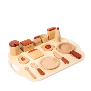 Educational Wooden Breakfast Kitchen Set for Kids Pretend Cookware Tray and Simulated Utensils for Fun Role Play