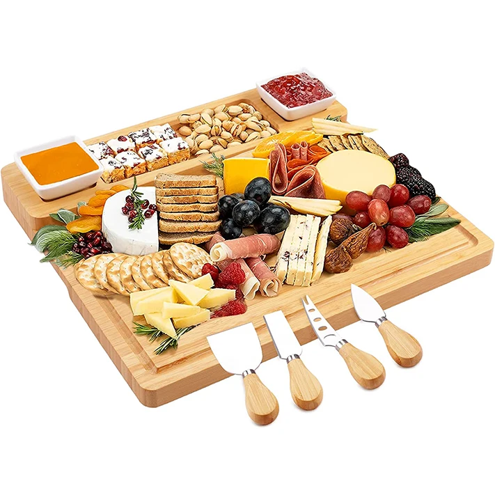 Large Bamboo and Wood Charcuterie Board and Knife Set for Chopping Meat Cheese Deli