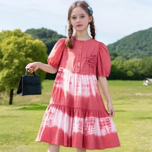 Wholesale Kids Clothes Plant Dye Natural Dye Tie-Dye Cotton Puff Sleeve Babydoll Mini Dress Girl Dresses for Girls