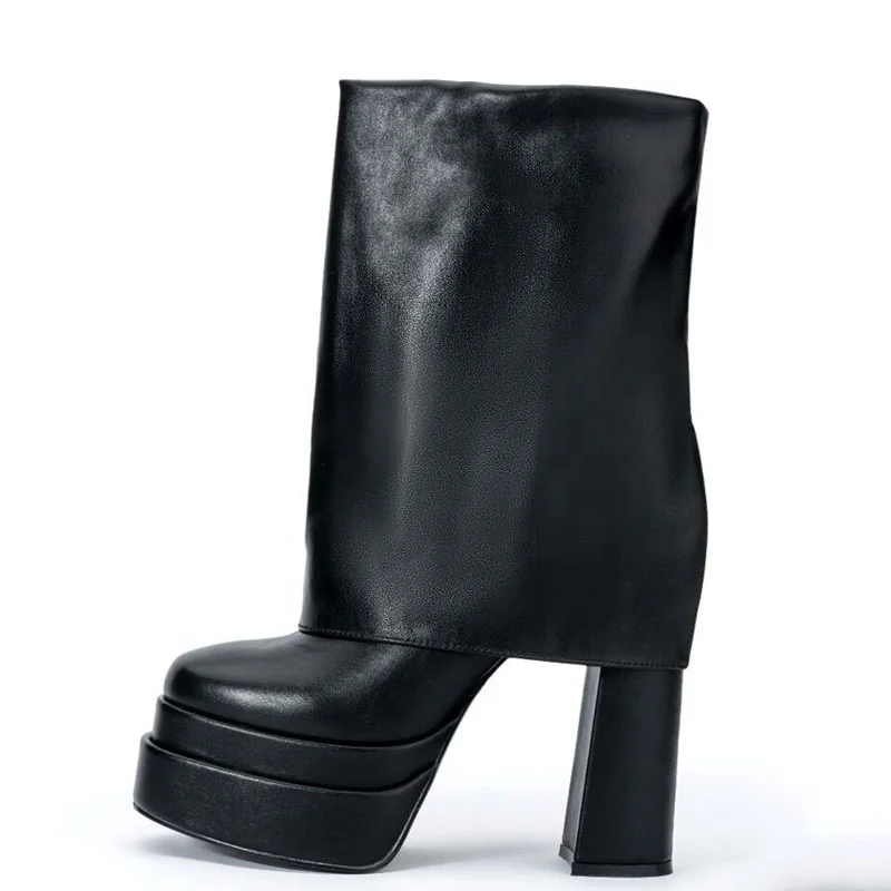 Trendy Short Overlay Platform Booty Chunky High Heels Ankle Boots for Women Square Toe Folded Over Shoes
