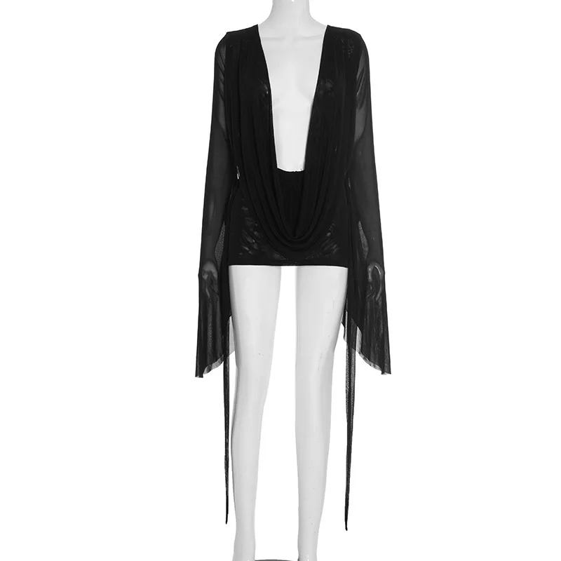 Women's Draped Front Plunge Neck Bell Sleeve Bodycon Mini Dress with Sheer Mesh Dresses Sehe Fashion| Alibaba.com Women's Draped Front Plunge Neck Bell Sleeve Bodycon Mini Dress with Sheer Mesh Dresses Sehe Fashion| Alibaba.com
