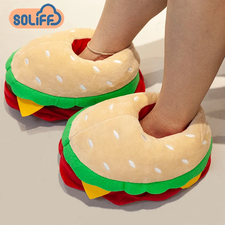 Hot Selling Stuffed Food Home Shoes Warm Women Gifts Furry Inner Plush Hamburger Fries Pizza Bread Slippers