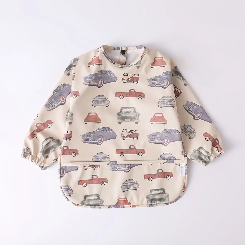 New Kids Eating Bib Art Drawing Apron Infant Mess Smock Drooling Bibs Kid Cartoon Print PU waterproof Long Sleeve Bibs manufacture