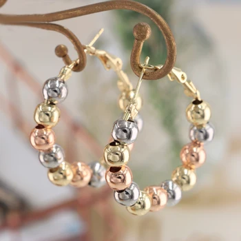 Free Design Jewelry Fashion Hoop Earrings Gold Plating Round Three Color Beads Hoop Earrings Women Girl Fancy Earrings