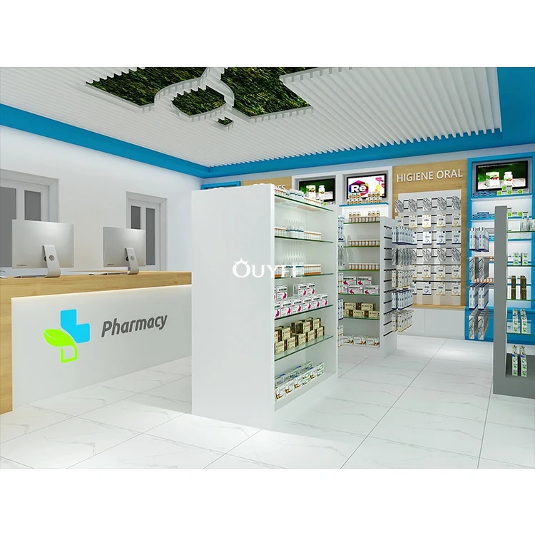 Customized Design 3D Commercial Retail Store Pharmacy Counter for Sale Pharmacy Shop Display Stand Furniture