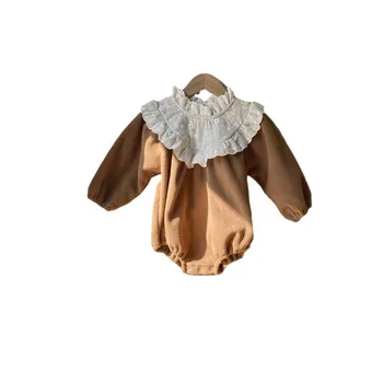 Baby clothes autumn and winter large lace stand-up collar baby romper double-sided velvet coveralls plus baby jumpsuit