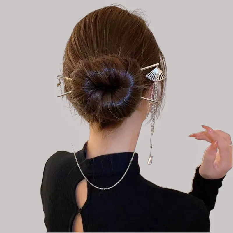 Retro Heart Pendant Water Drop Crystal Hair Stick Head Ornament Back Head  Long Tassel Fan-shaped Hairpin