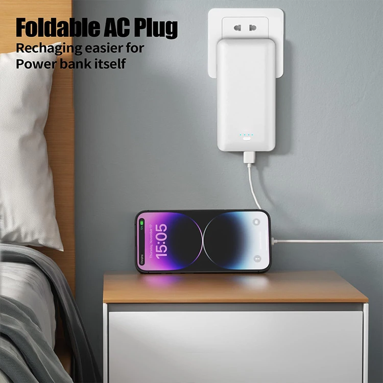PD20W Power Bank 10000mAh Built-in Folding AC Plug, Portable Multi-Port Power Bank with 3 Cables, Black White Blue Pink PB147AC