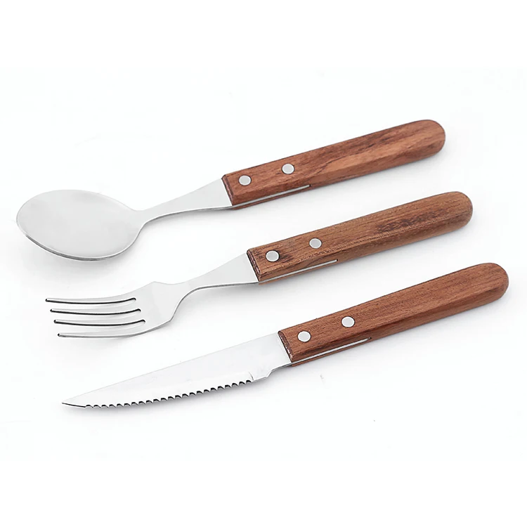 Simple Spoon Fork Knife Wooden Slender Handle Flatware Set 4 pieces Silverware Eating Utensils Set Matte Silver Cutlery
