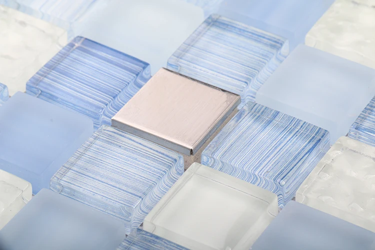 Cheap price mosaico square white blue brushed glass stainless steel bathroom tiles wall mosaics