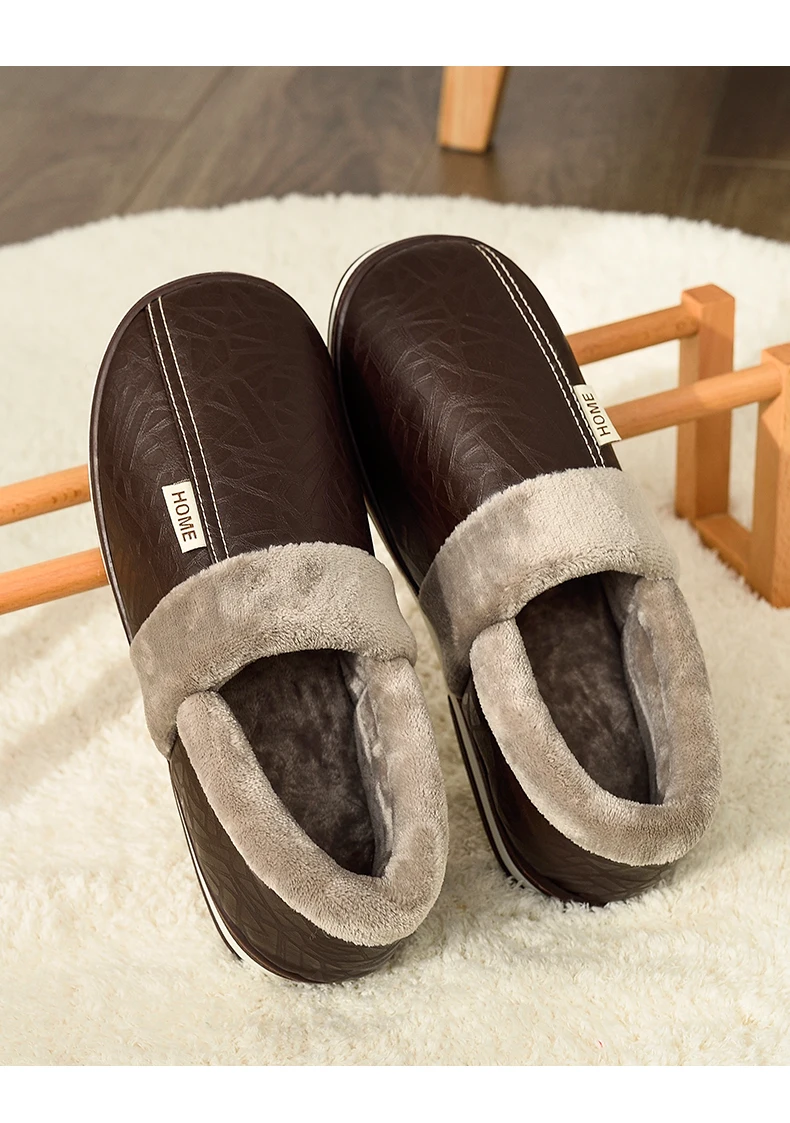 Big Size For Men's Pu Leather Slippers Indoor Waterproof Home Fur Male
