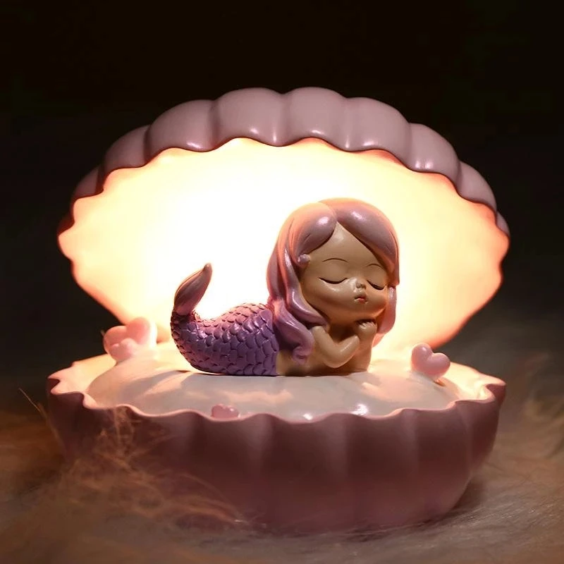Cute Cartoon Mermaid Night Light - Battery-Powered Resin Shell for