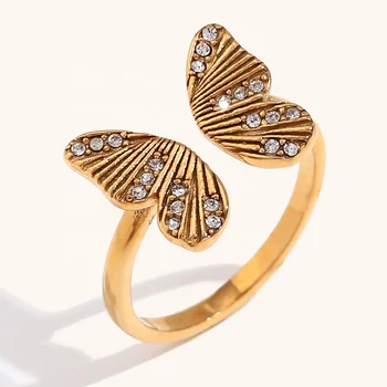 Ding Ran Finger Ring Stainless Steel Gold Plated Zircon Butterfly Open Design Rings For Women