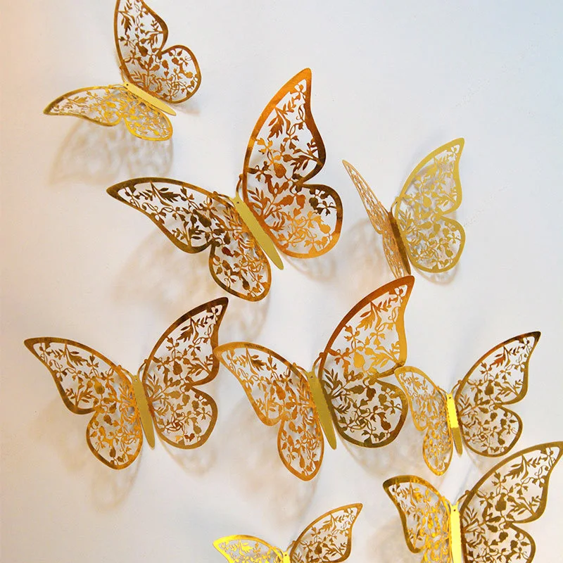 12 Pièces 3D or et Argent Papillon Autocollant Mural Art Maison Room Décorations
