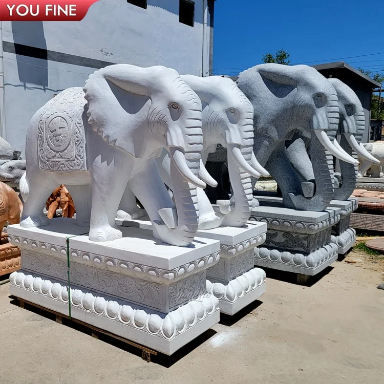 YOUFINE Carved White Marble Elephant Statue Entrance Decor for Garden Villa Commercial Building