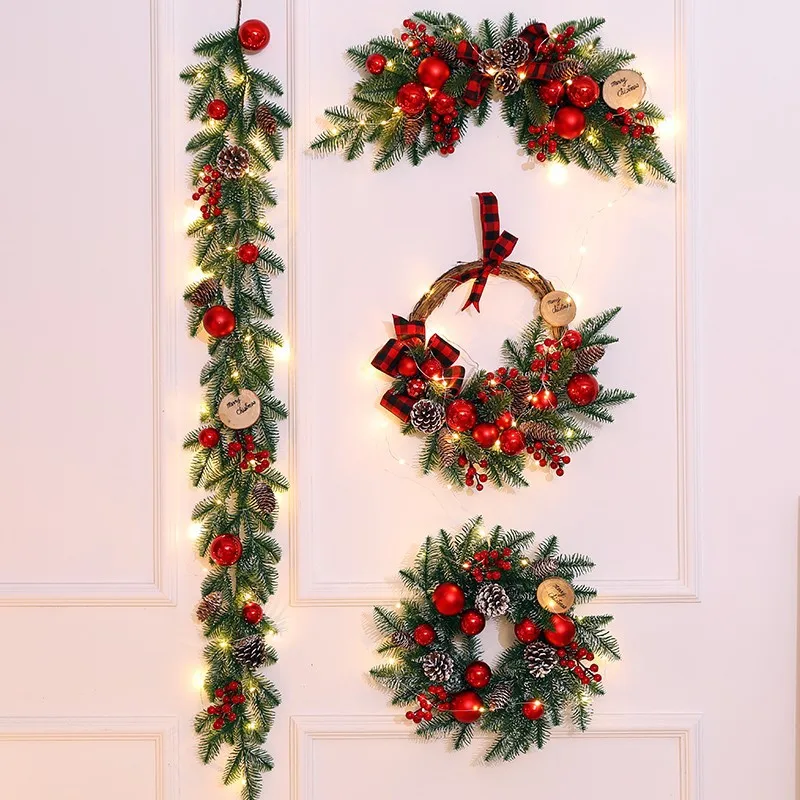 2025 Online Hot Sale LED Lights Decorated with Copper Wire 4pcs Set of Christmas Wreath and Garland for Festive Decorations