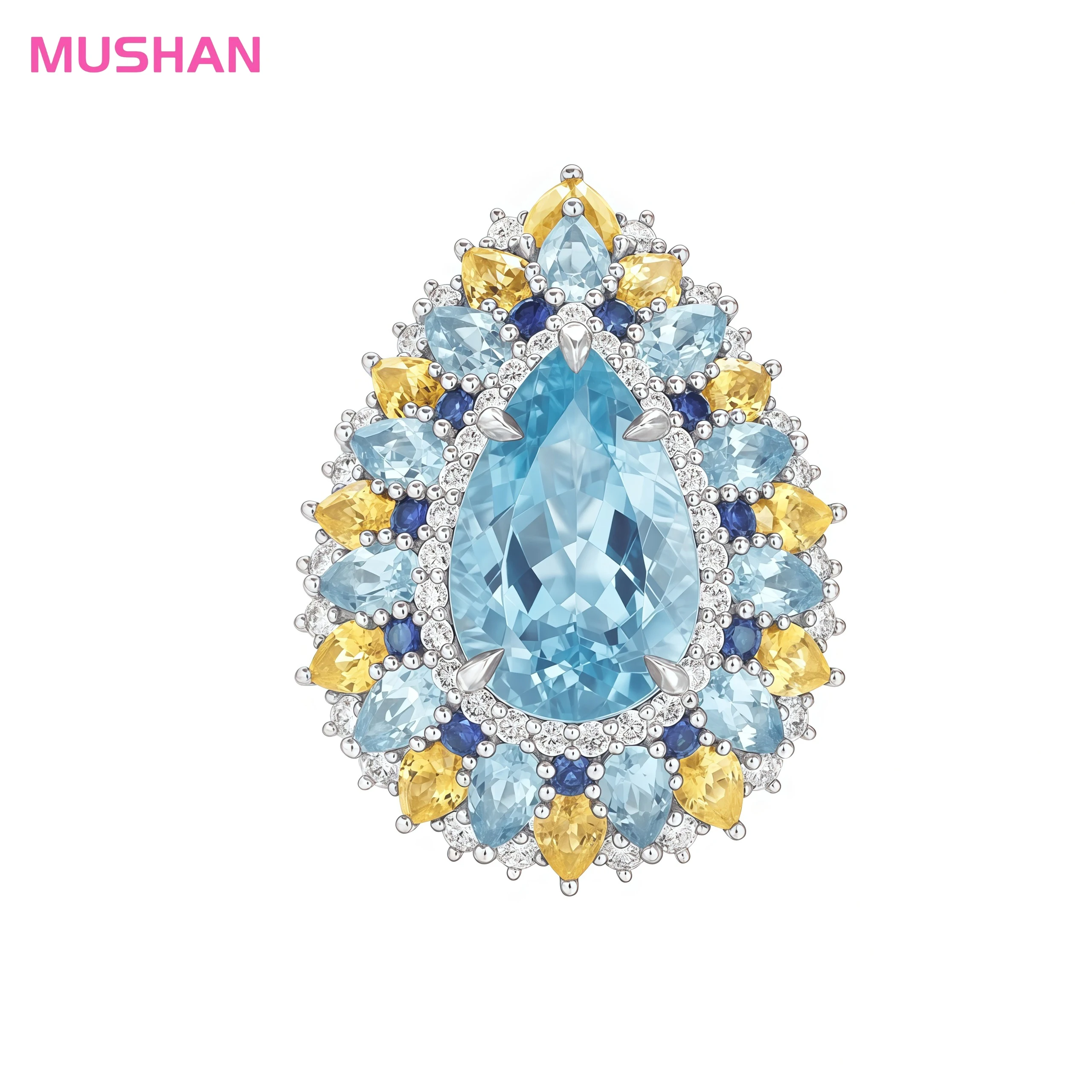 MUSHAN Jewelry Factory Luxury 925 Sterling Silver Rings Sunflower Inlay Blue Teardrop Shape 5A High Carbon Diamond Women Ring