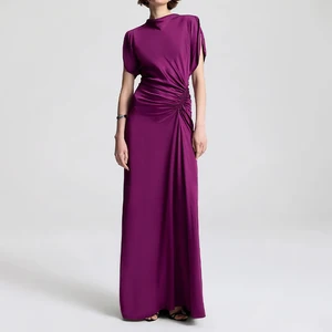 ZYHT 73962 Purple Silk Satin Ruched Pleated Short Sleeve Summer New Collection Maxi Casual Party Formal Dress