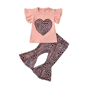 Mother's Day Girls T-shirt Pants Clothing Sets Fashionable Love Leopard Printed Flared Trousers Children's Clothing Sets