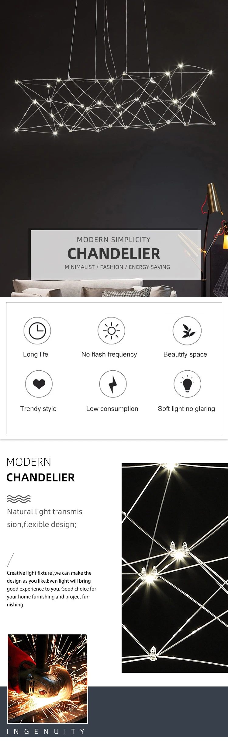 New Model Hotel Villa Decoration Artistic Style Chromed Modern LED Pendant Lamp