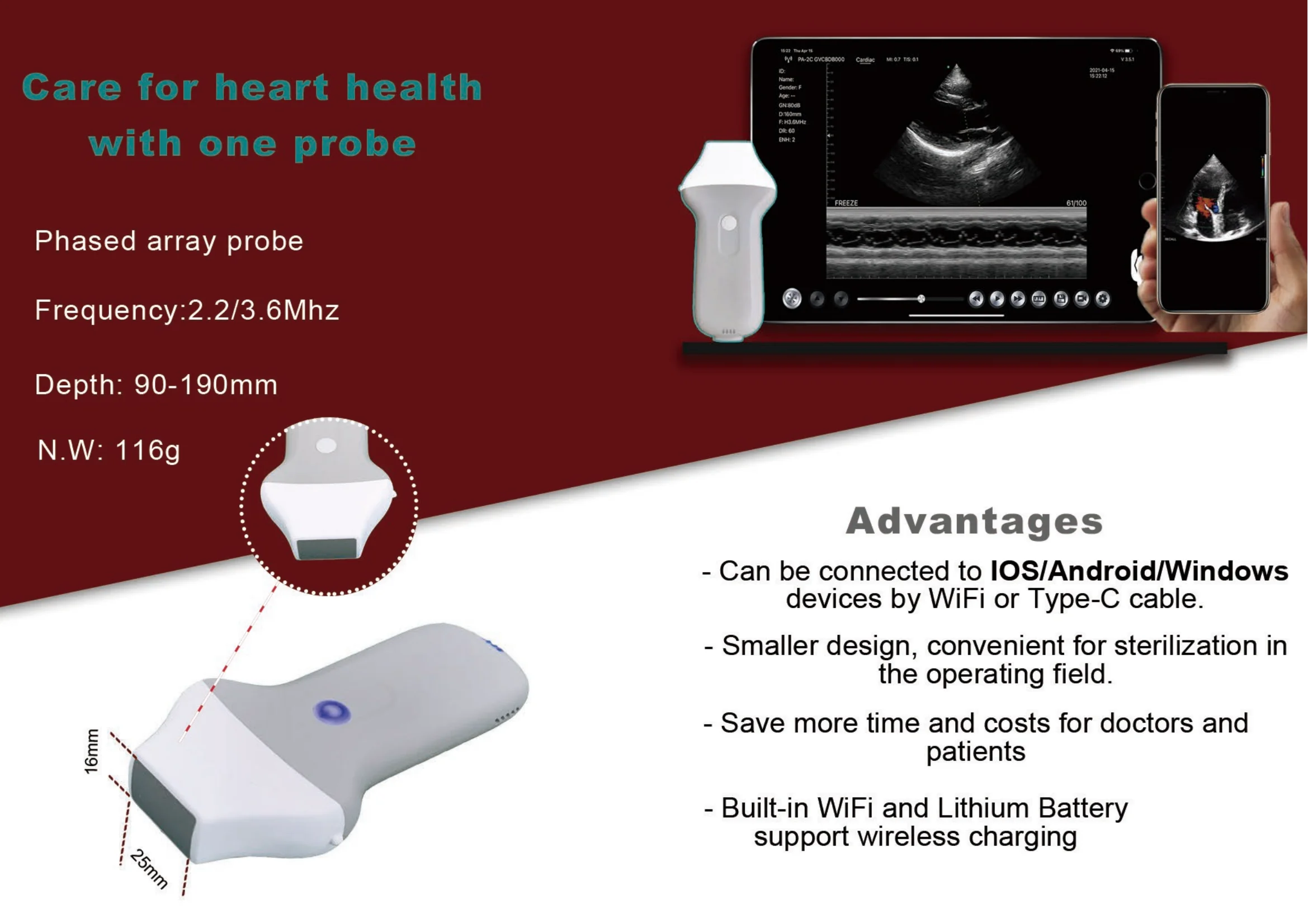 Wifi Cardiac Transducer Portable Echocardiography Probe Medical