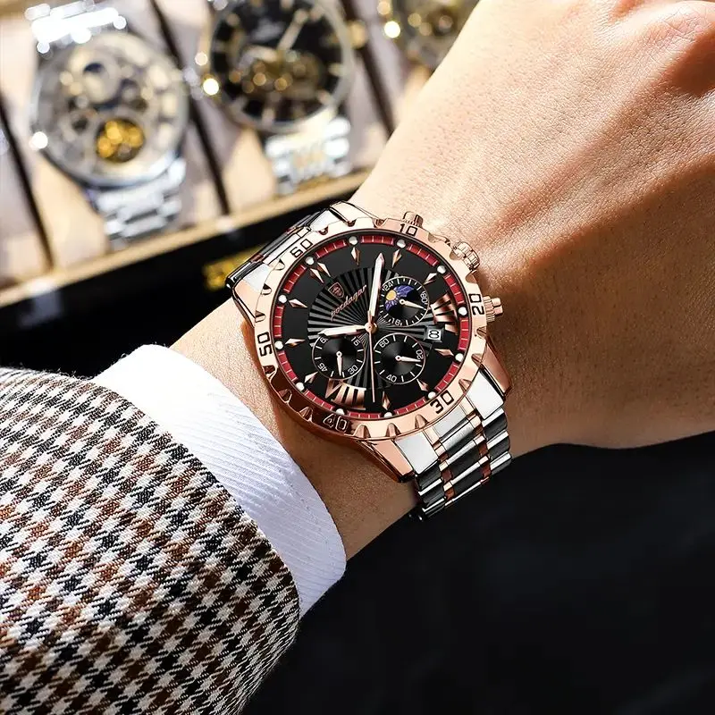 POEDAGAR, nuevo reloj de oro rosa para hombre, cronógrafo multifunción,  relojes de cuarzo de acero inoxidable de alta calidad, reloj resistente al 