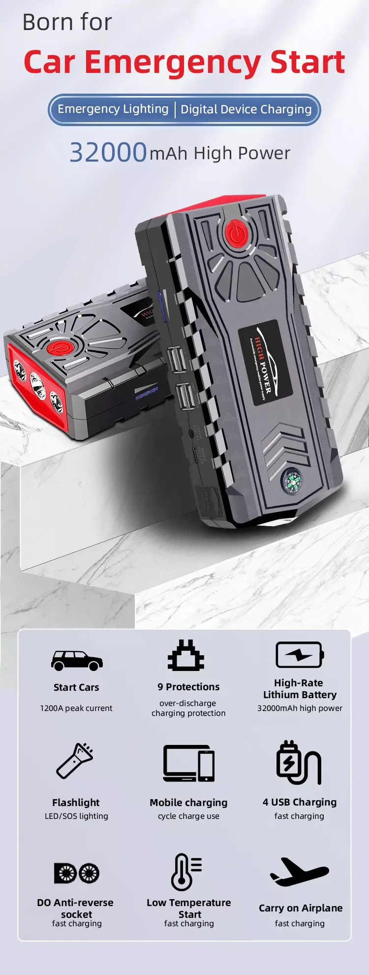 Portable car Emergency Start Power Supply 12V 32000mAh Power Bank car  Backup Power Supply