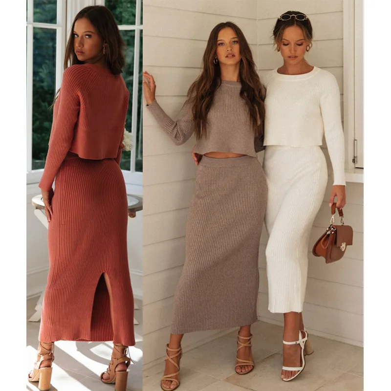 Fashion Knitted Two Piece Set Pullover+ Skirt 2 Piece Suits Womens