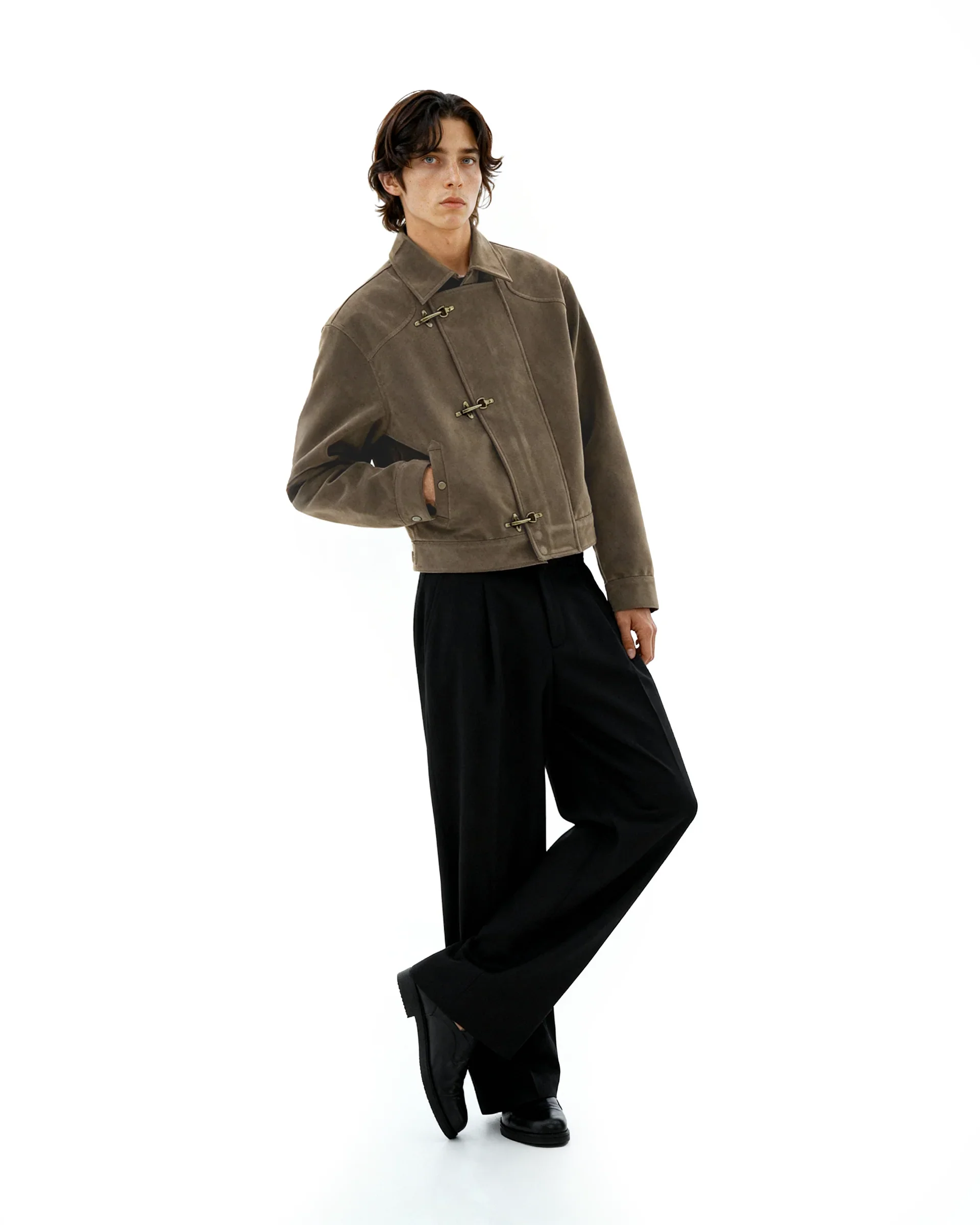 Salati Custom Asymmetric Fireman Buckle Mid Crop Suede Jacket gallery 5