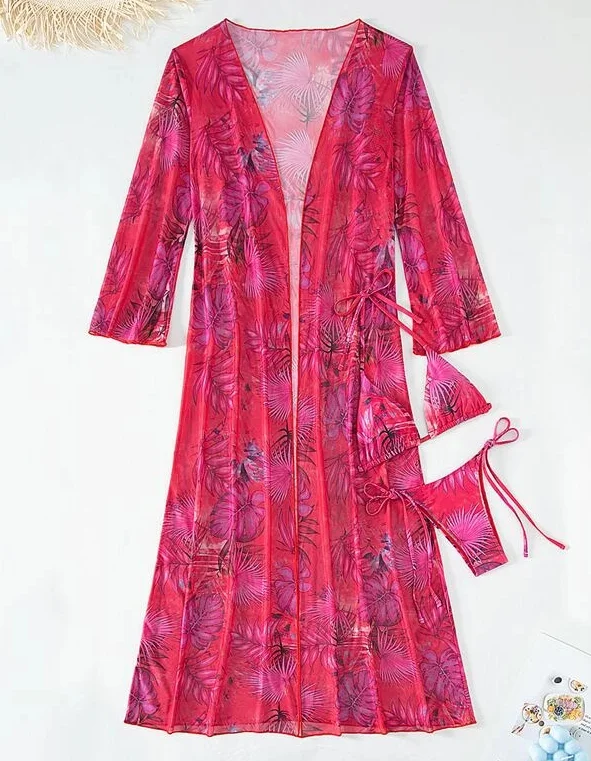 8Colors Ties Details Sexi Lady Basic Bikini Set Long Beach Kimono Print 3Pieces set Swimwear