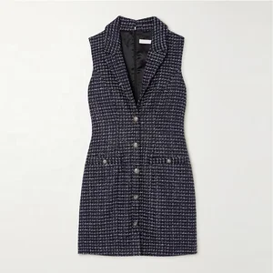 Clothing Manufacturers Custom Blue Polo Collar Short Sleeve Sequins Plaid Metallic Tweed Women Mini Dress